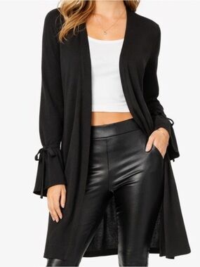 Halogen Black Long Open Cardigan Tie bell Sleeves Viscose Blend M